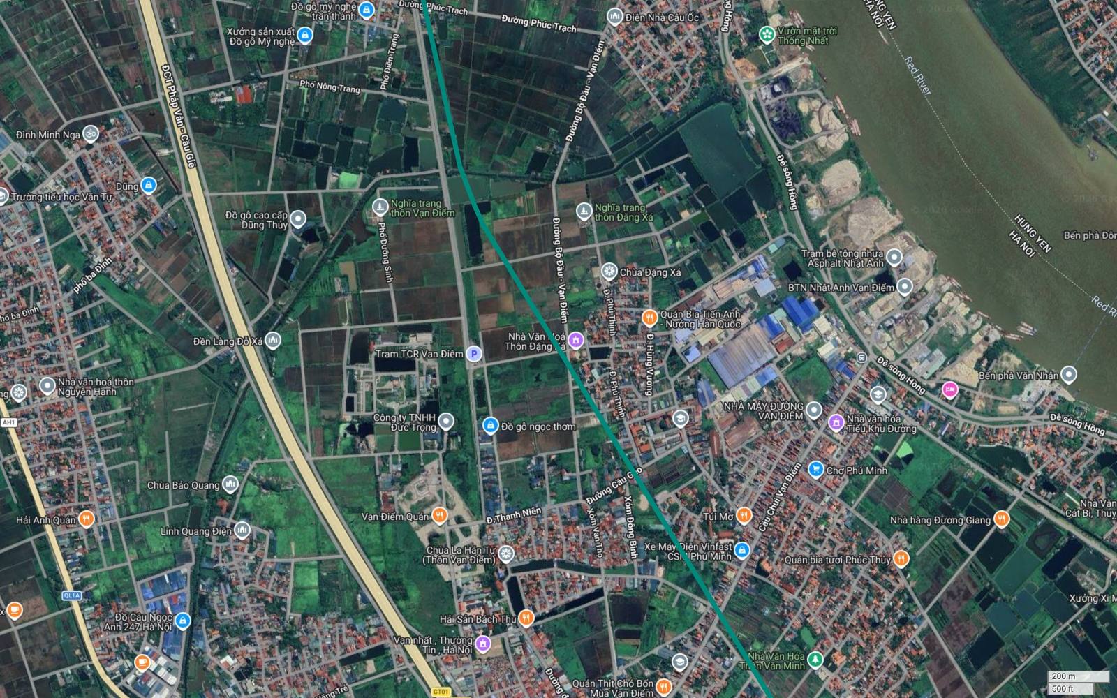 Hành lang metro số 12 Hà Nội tại Vạn Điểm, kẹp giữa cao tốc Pháp Vân Cầu Giẽ phía tây và đê sông Hồng phía đông
